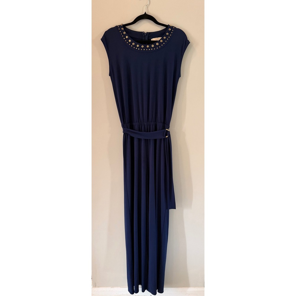 Michael Kors Navy Blue Studded Neck Wide Leg Jumpsuit Gold Hardware Sleeveless - Picture 2 of 8